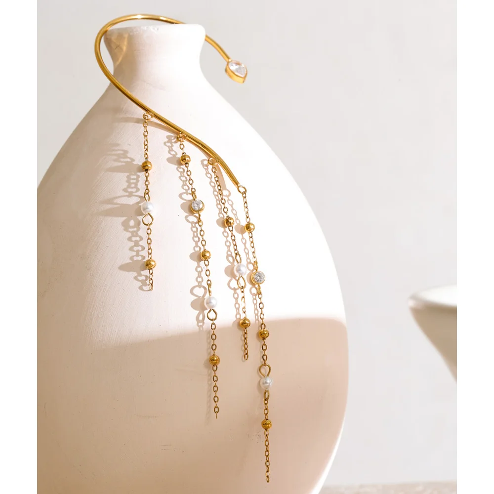 Yhpup 1PC Yhpup Stainless Steel Ear Wrap Earrings Pearl Zirconia Long Tassel Chain Drop Prom Party Jewelry Gift