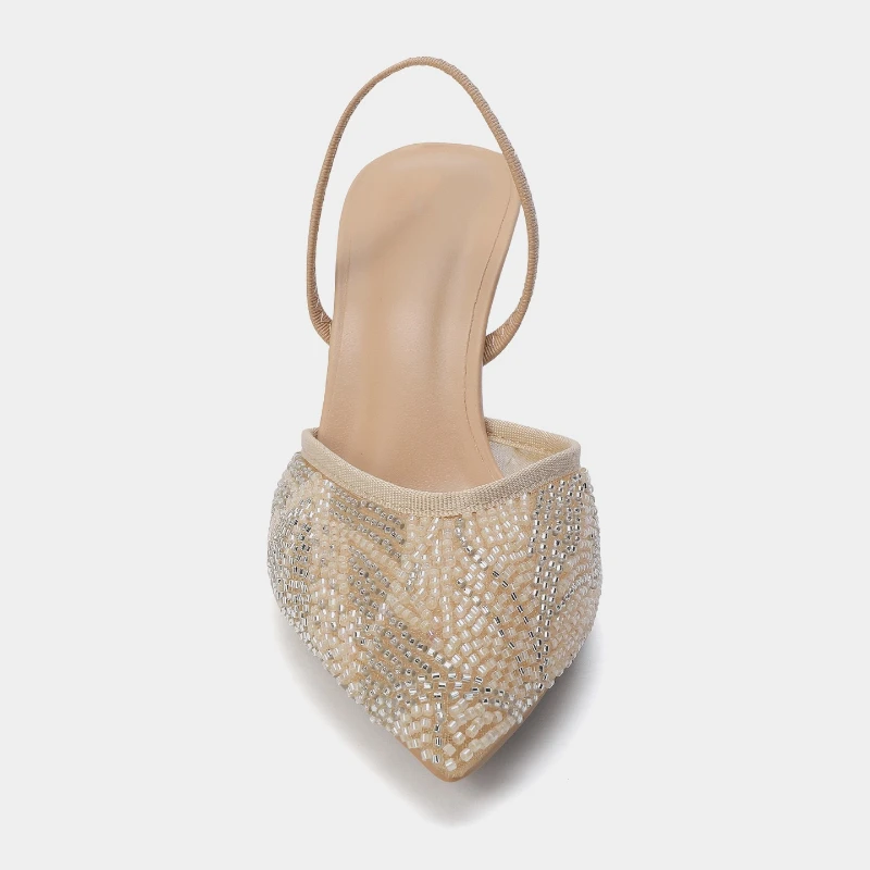 الفاخرة سلسلة حبة تصميم العلامة التجارية عالية الكعب النساء مضخات الأزياء مدبب تو Slingback عالية الكعب أنيقة الزفاف أحذية الزفاف #4