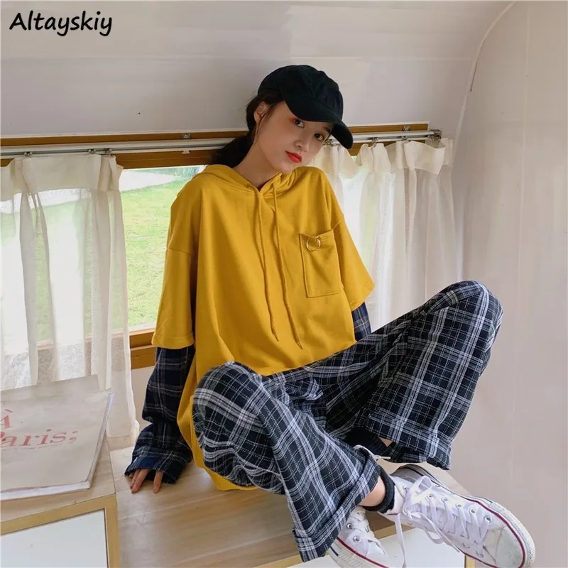 

Hoodies Women Ins Chic Fake Two Pieces Ulzzang Autumn New Lady Soft Casual Trendy Preppy All-match Womens Hoodie Pullover Young