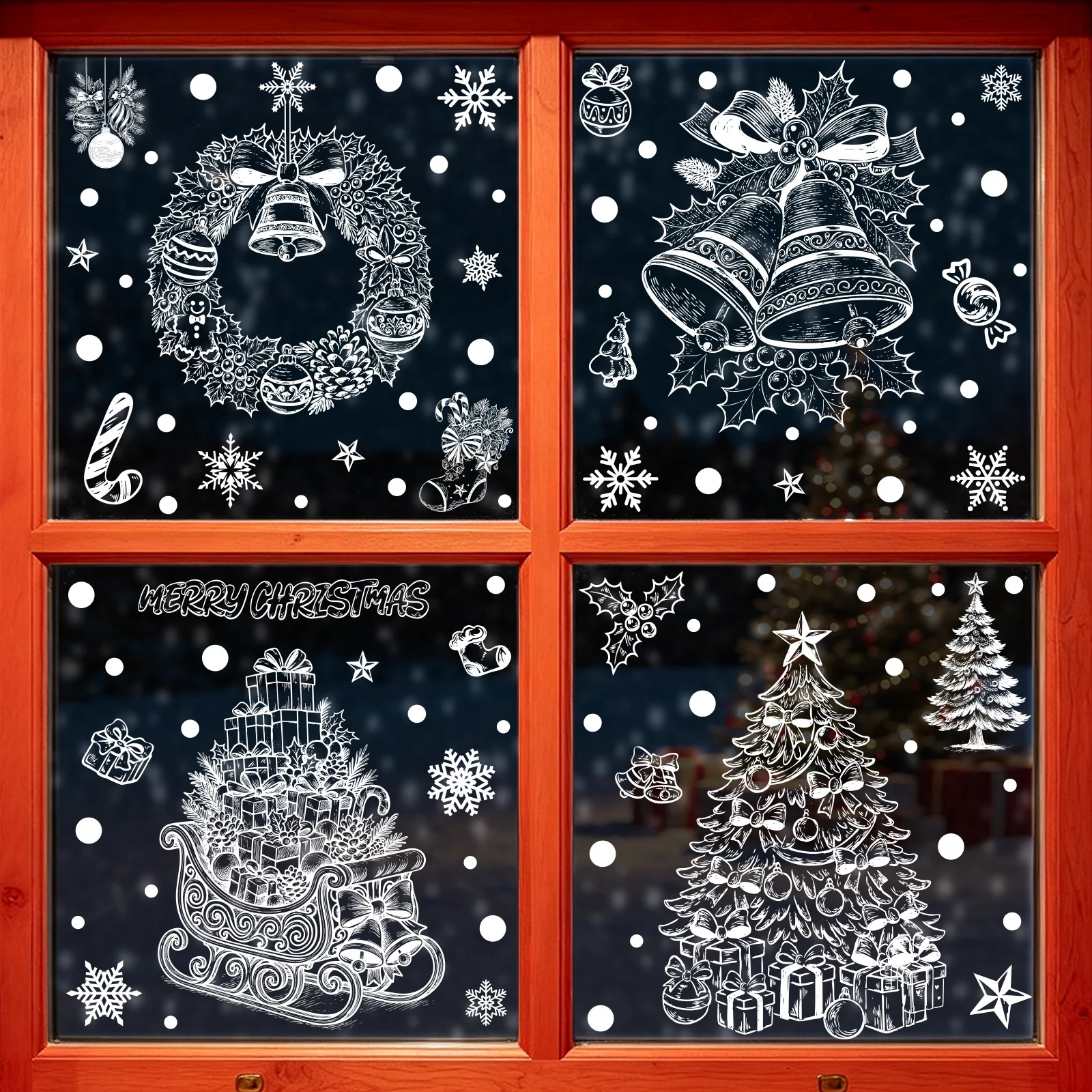 Creative White Christmas Static Glass Stickers Bells Xmas Tree Snowflake Candy Cane Wreath Reusable Window stickers Holiday
