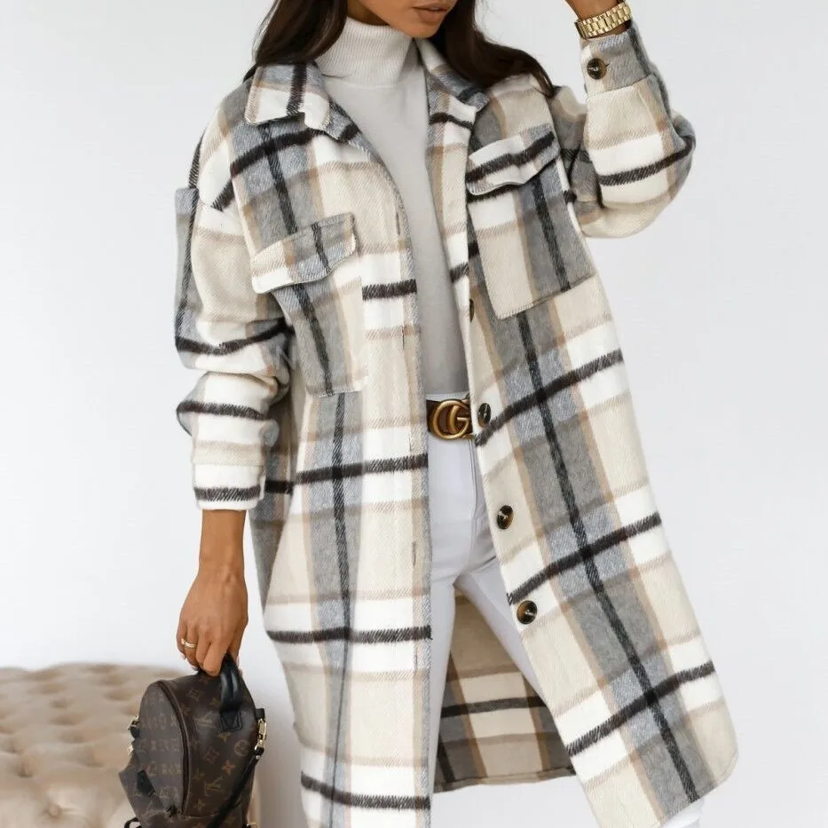 

Women Wool Coat Plaid Print Autumn Winter Woolen Jacket Overcoat Single Breasted Turn Down Collar Outerwear Vintage Office Lady
