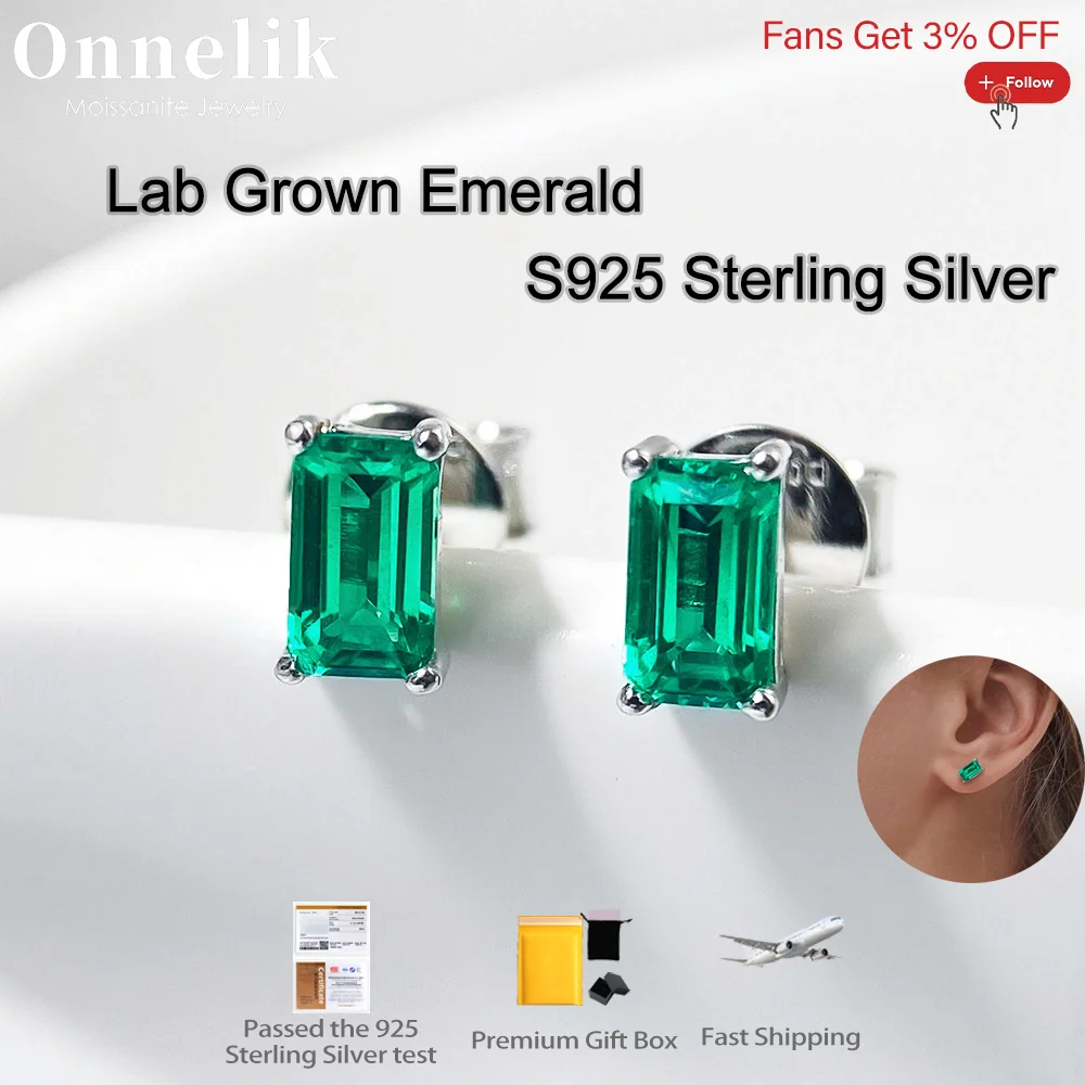 

Onnelik 3*5mm Real Lab Grown Columbia Emerald Earrings with Emerald S925 Sterling Silver for Women Wedding Party Fine Jewelry