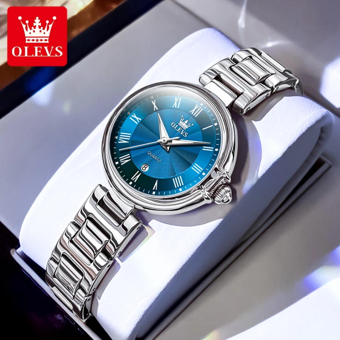 OLEVS 5608 Fashion Quartz Watch Gift Round-dial Stainless Steel Watchband Wristwatch Calendar Luminous