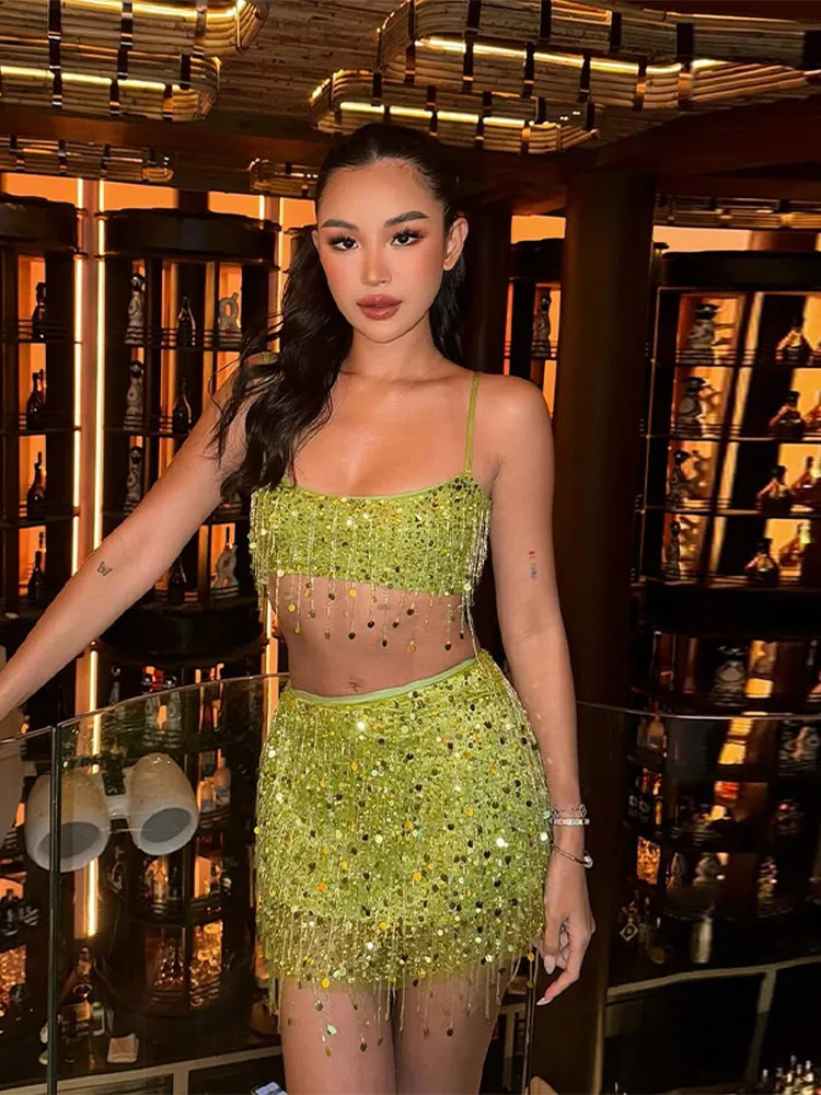 Fringed Sequin Halter Top Mini Skirt Set Tassel Sexy Glitter Beaded Suspender Women Camisole Gown High Waist Wrap Hip Skirts New
