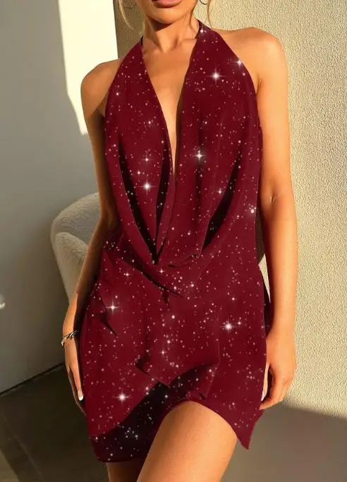 Damesjurken 2023 Lente Zomer Nieuwe Elegante Effen Kleur Halter Diepe V-hals Sexy Backless Lace Up Casual Ruches Mini-jurk