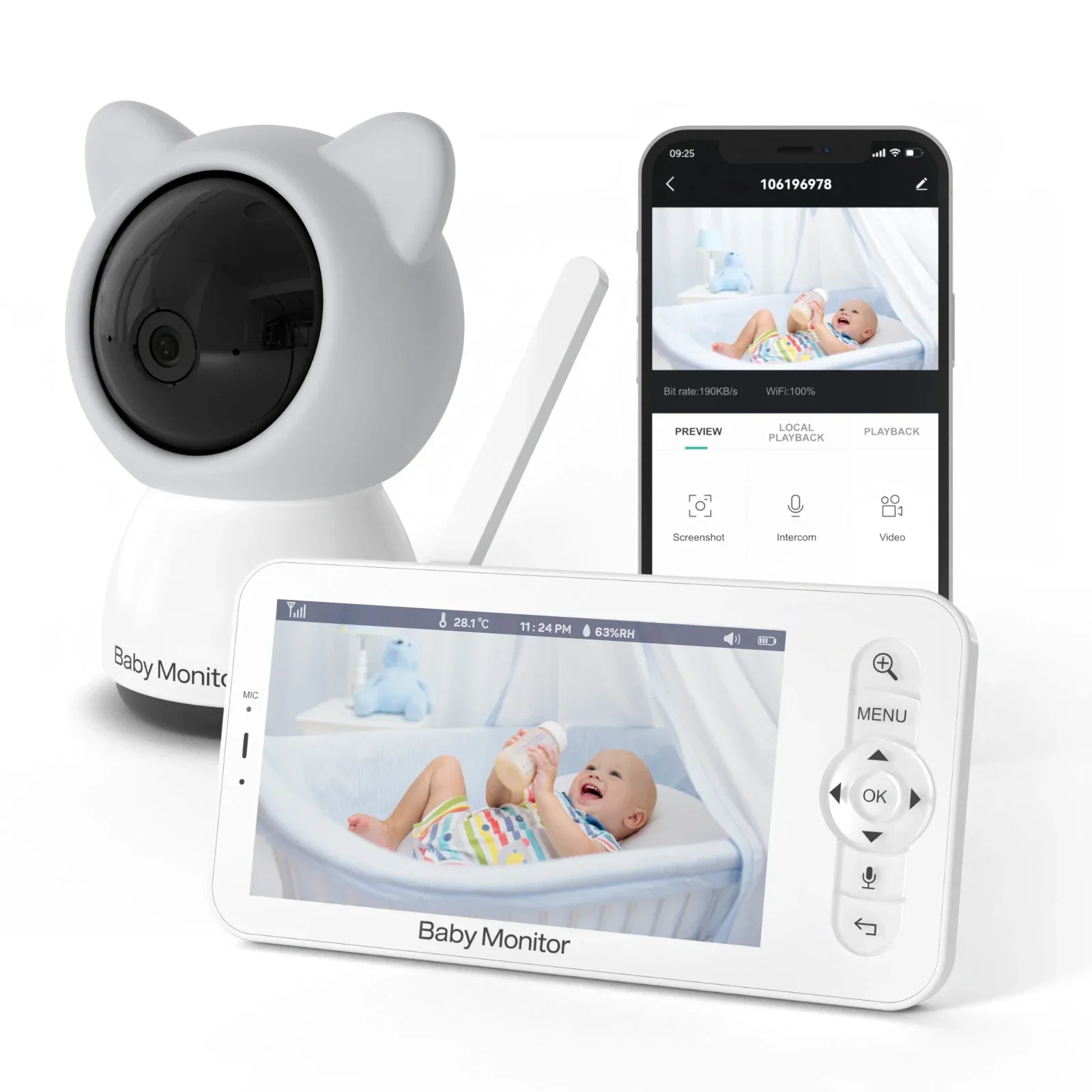 5 Inch Baby Monitor with Camera Audio Nanny Security Wireless Sreen Video Intercom Night Vision 20Hrs Battery 1000ft Range