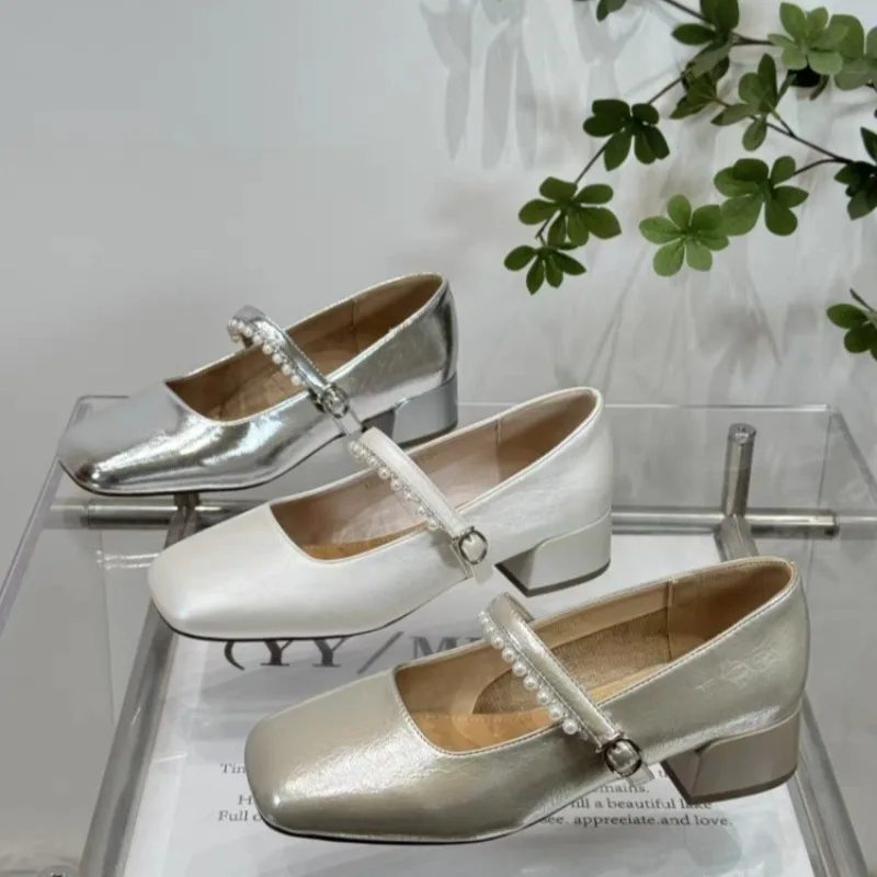 2026 Spring New French Mary Jane Shoes Women's Pearl One Line Strap Shallow Mouth Coarse Follow Up Shoes Women Silver
