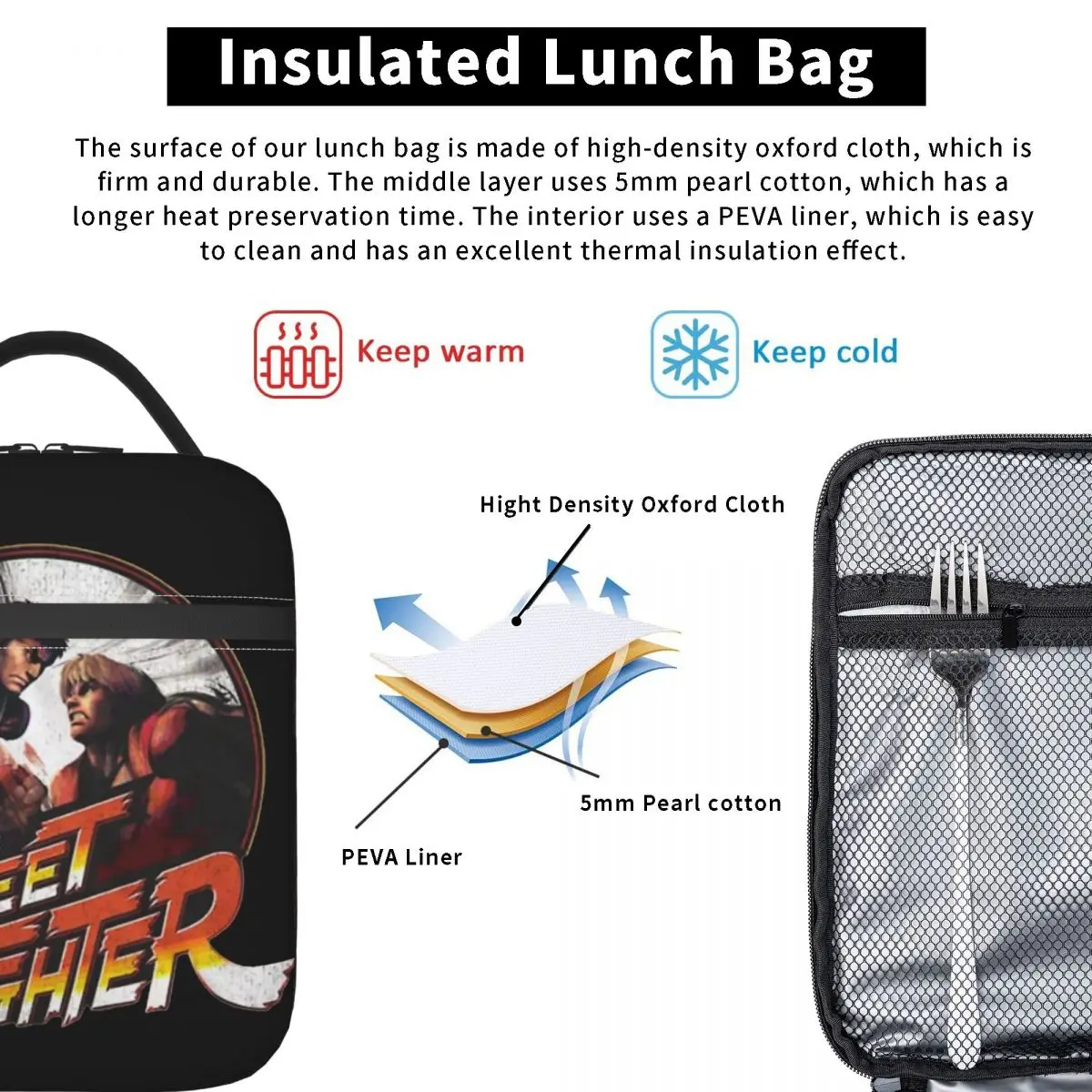 Multifuncional Lunch Bag Isolado, Street Fighters, Ryu e Ken Acessórios, Food Storage Box, Cooler, Thermal Bento Box for School