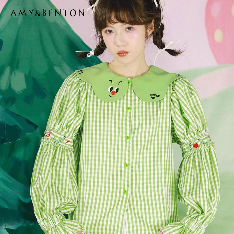 

Spring Autumn Women's Clothing Original Fruit Green Straight Top Animal Embroidery Plaid Doll Collar Bubble Sleeve Shirt Ladies