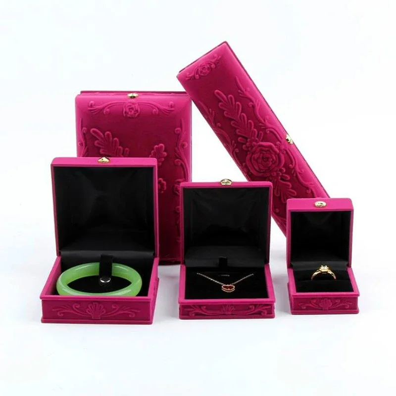

Embossed Rose Velvet Jewelry Box For Rings Earring Necklace Set Display Bijoux Gift Boxes For Jewellery trinket box