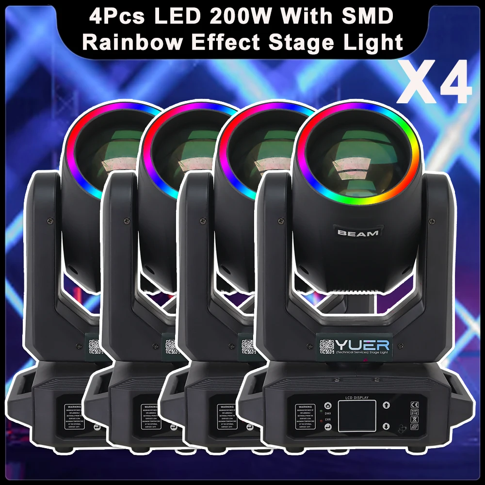 4Pcs 200W LED Moving Head Light Beam+Spot+18 Prism+Rainbow Effect Dj Dmx Stage Lamp With Ring Disco Dj Bar Xmas Satge Effects