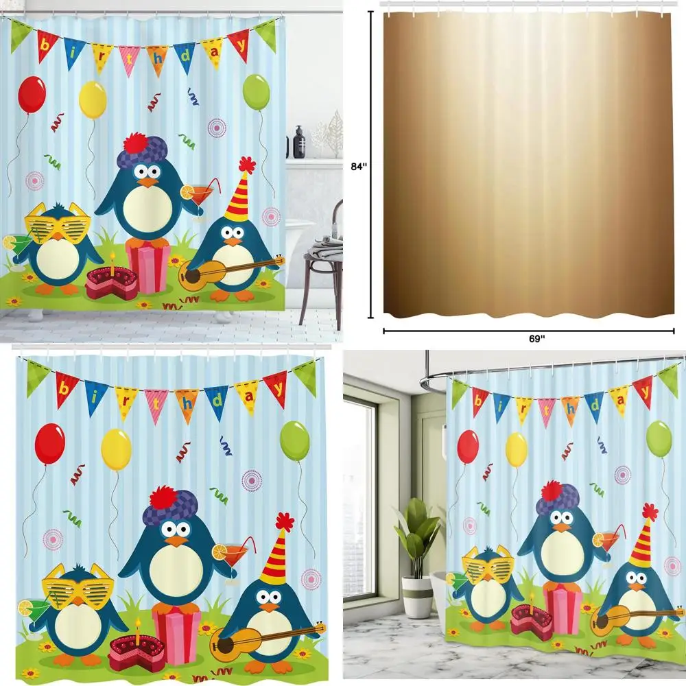 

Симпатичная занавеска для душа на тему пингвина с принтом флага, торта и подарочной коробки для детской ванной комнаты