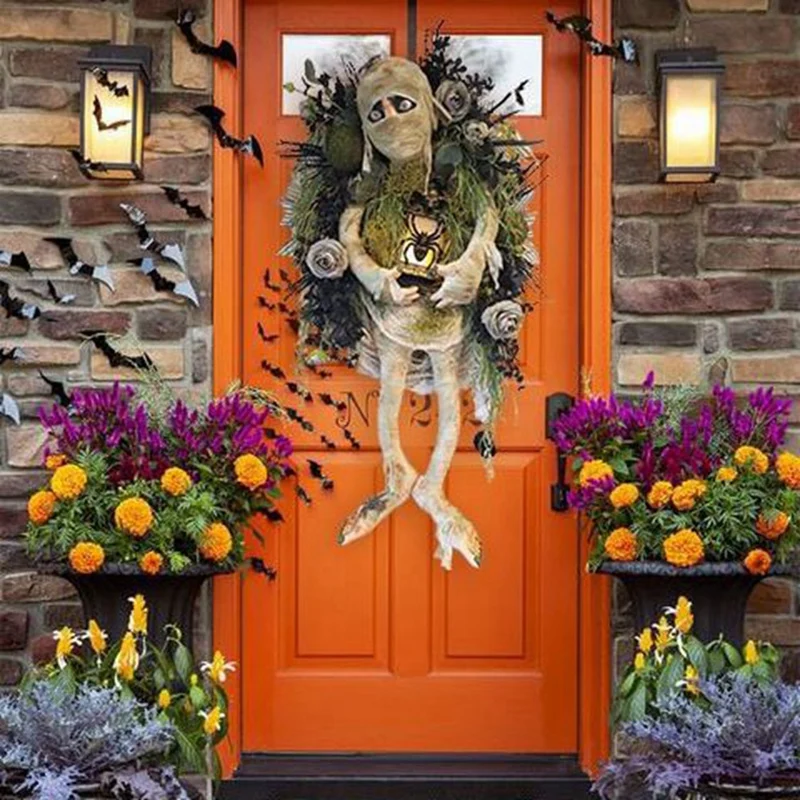 Halloween Mummy Wreath Indoor Horror Wall Hanging Front Door Welcome Sign Porch Decorations For Home Halloween