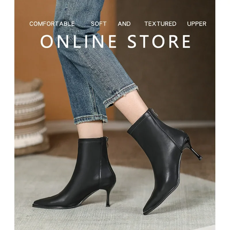 2024 Winter Shoes Women Leather Boots Brand Design Pointed Toe Solid Black White Low Heels Ankle Boots Female Sexy Cowboy Boots