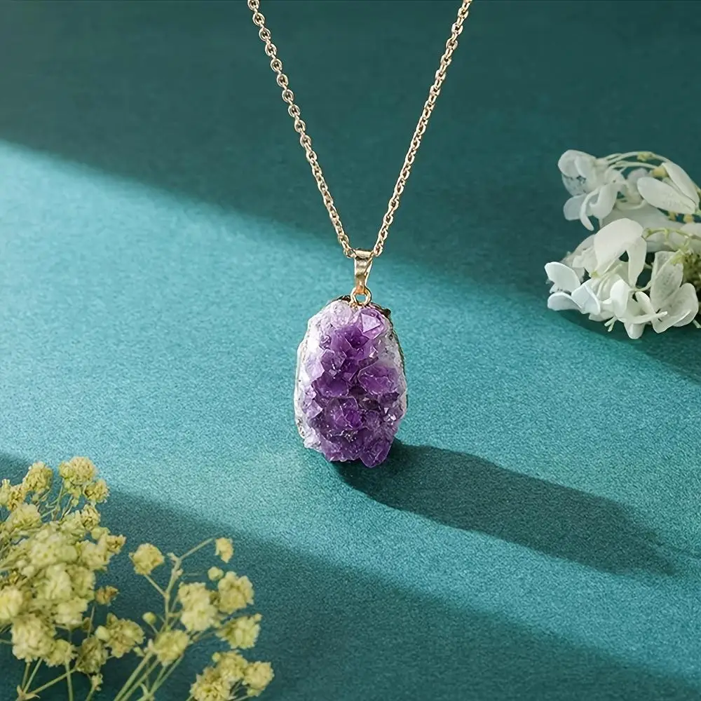 1pc Amethyst Cluster Crystal Necklace for Women Men, Irregular Raw Rough Loose Gemstones Amethyst Quartz Stone Pendant Necklace Jewelry - Creative Gifts for Father, Mother, Friends, Sisters and Grandparents on Valentine's Day, Birthday, Anniversary - view 5