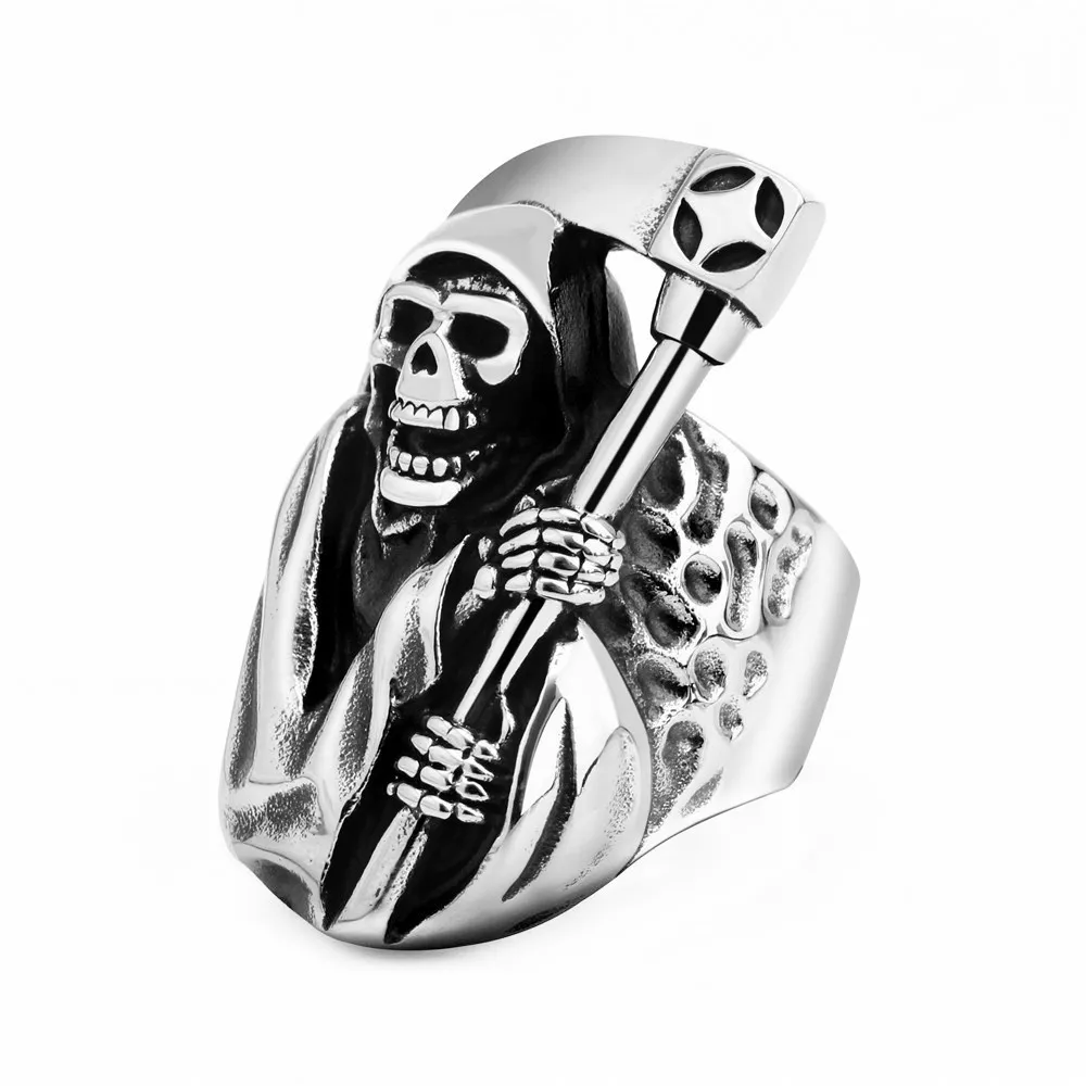 Retro Vintage Unique Grim Reaper Skull Ring for Men Gothic 316L Stainless Steel Death Cool Domineering Jewelry Wholesale