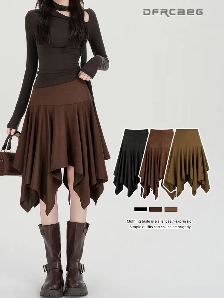 Autumn Winter Asymmetrical Faux Suede Midi Skirt For Women American Retro Y2K Casual Pleated Flared Vintage Skater Skirt​s