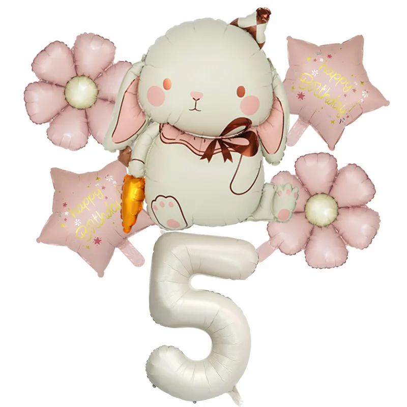 6 Stück Kaninchen Karotte Rosa Gänseblümchen Blume Stern Creme Zahl Ballon Set Mädchen Geburtstag Hochzeitstag Party Dekoration Babyshower – Detail 6