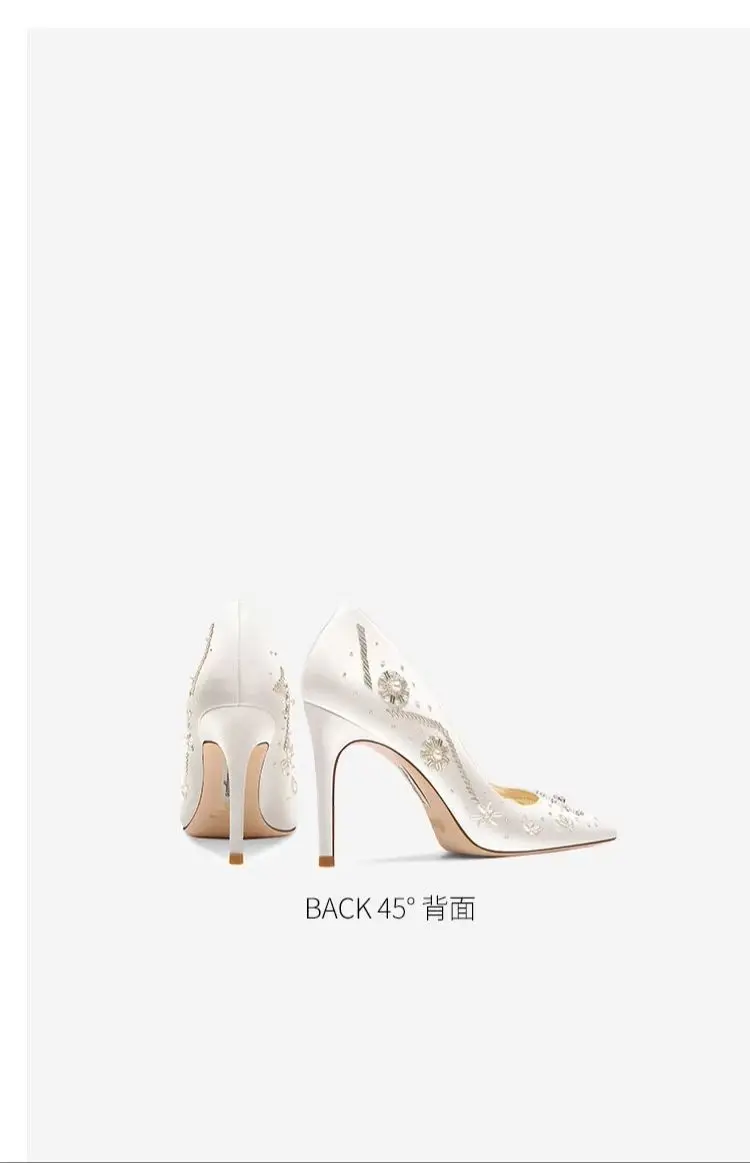 Spring New Pointed White Pearl Water Diamond Satin Beaded Wedding Shoes Banquet Large Size Small Size High Heels Women's Shoes