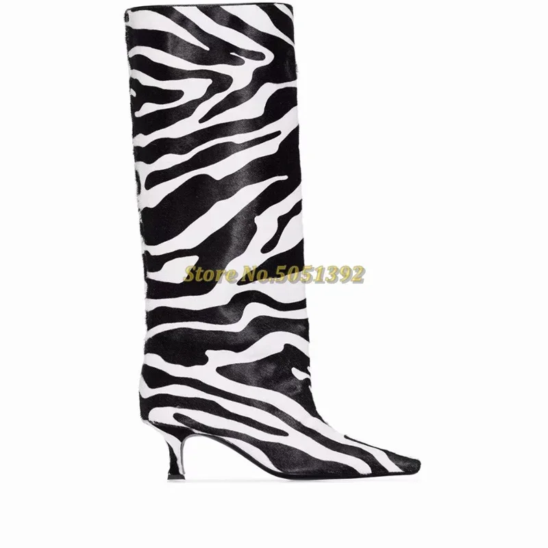 Zebra Pattern Knee High Medium Heel Boots Newest Fashion Pointy Toe Stiletto Heel Runway Dress Women Boots Slip On Boots - view 5