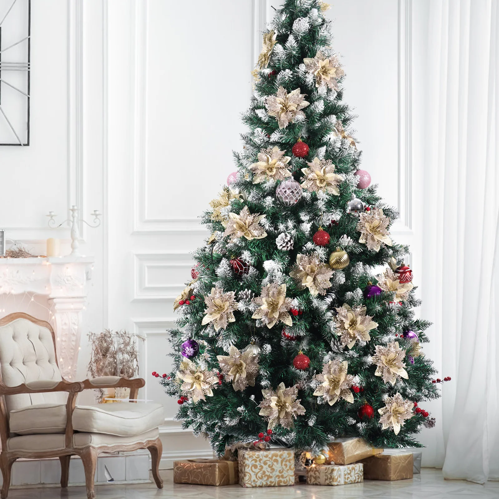 

12pcs Artificial Glitter Poinsettia Christmas Decoration Flowers Garland Foliage Holiday Home Office Hotel Stage Decor