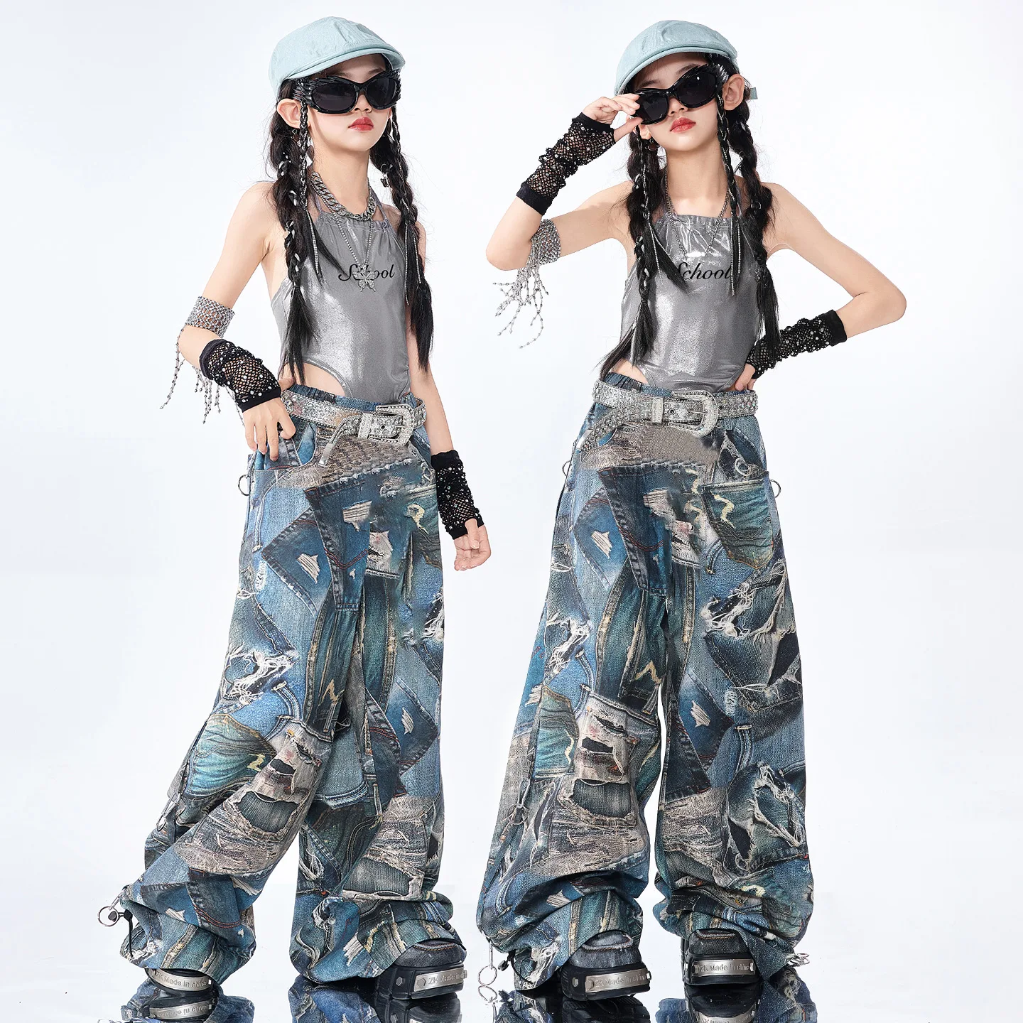 Mädchen Hip Hop Shiny Crop Camouflage Cargo Hosen Kinder Street Dance Mädchen Gruppe Kostüme Kinder Streetwear Jazz Kleidung Sets