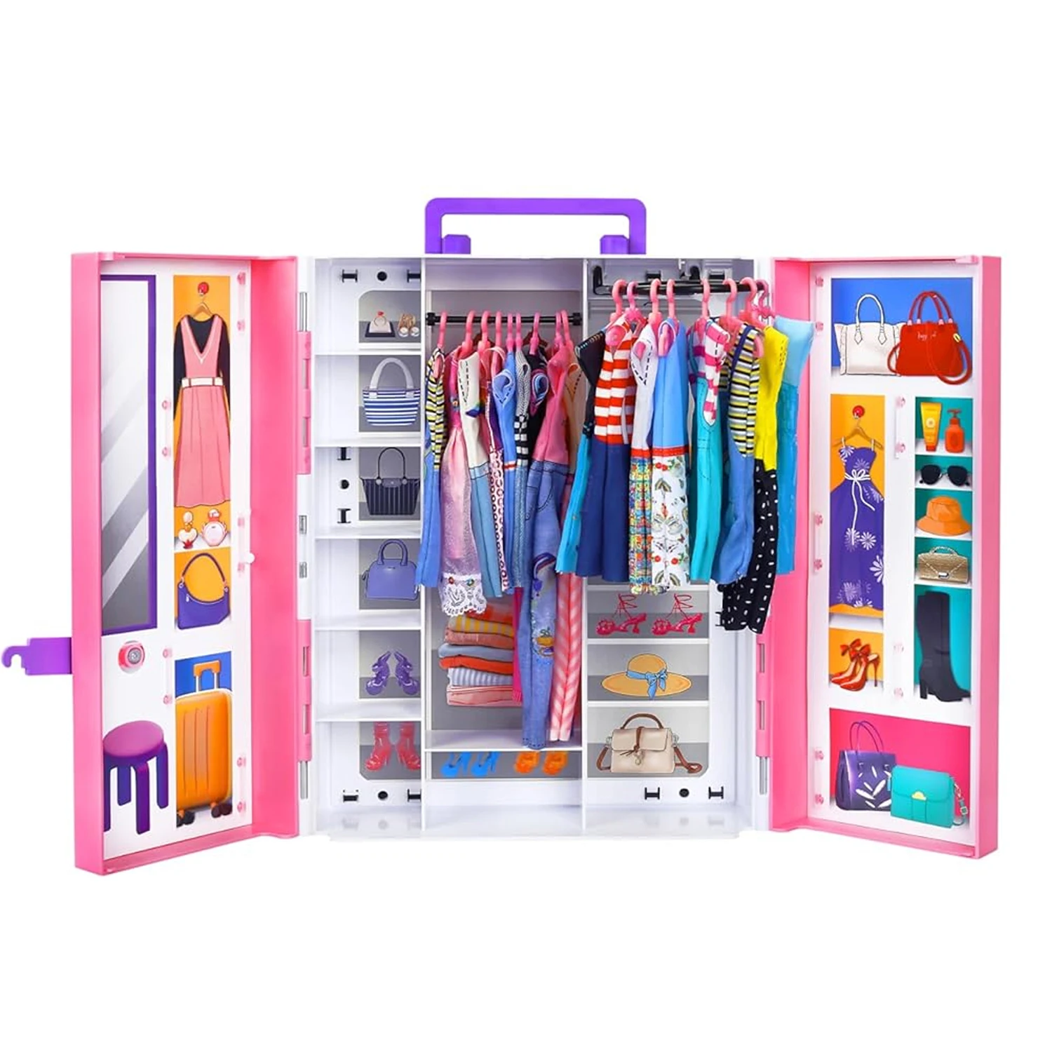 ชุดตู้เสื้อผ้าเจ้าหญิงแฟชั่น 33 ชิ้น สไตล์หวานฝัน สีชมพู พร้อมเสื้อผ้าและเครื่องประดับ ชุดของเล่นแต่งตัวตุ๊กตา พร้อมที่เก็บของอย่างดี เป็นของขวัญ