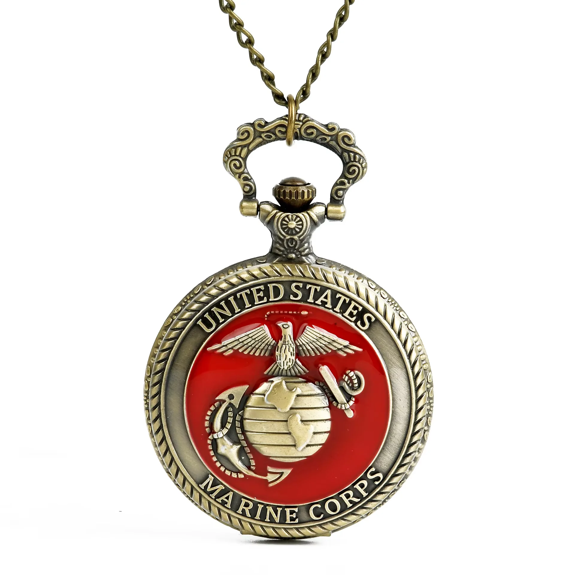 Fashion Personality Large Antique Bronze Red Face  Bird Shield Retro Quartz Pocket Watch With Iron Chain