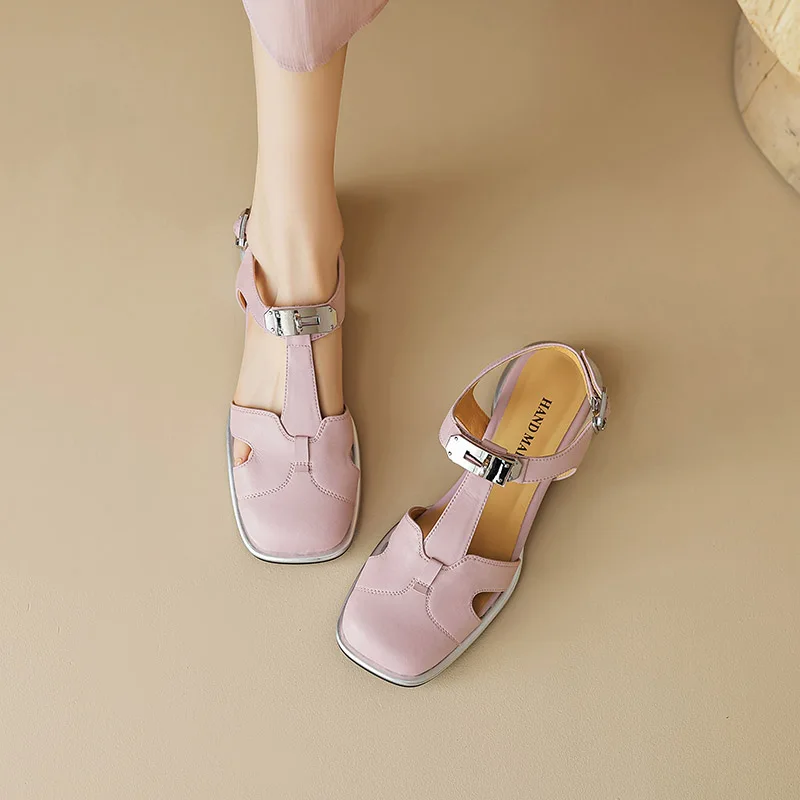 Phoentin retro T-strap letnie sandały gladiatorki 2024 letnie nowe prawdziwe skórzane kwadratowe cove toe wygodne buty na średnim obcasie FT3492
