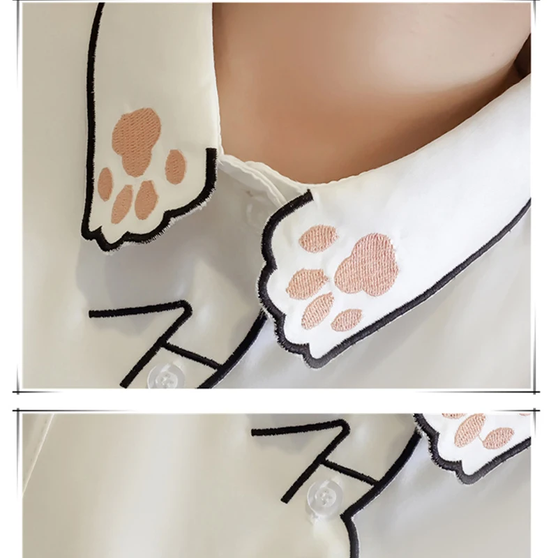 Long Sleeve Blouse for Women, Sweet Cat Embroidery Shirt, White Tops, Office Lady, Elegant, Turn Down Collar, Spring, 7902