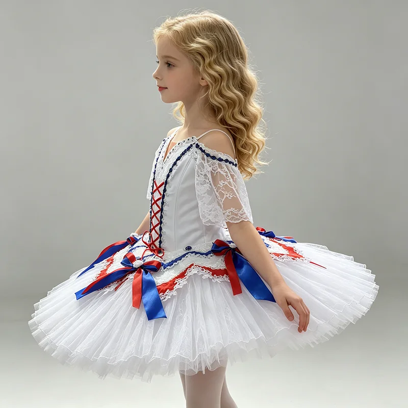 Womens Lace Flutter Sleeve V Neck Ballet Tutu Performance Dress Red Blue Cross Lacing Bow Contrast Trim Pure White Glitter Skirt