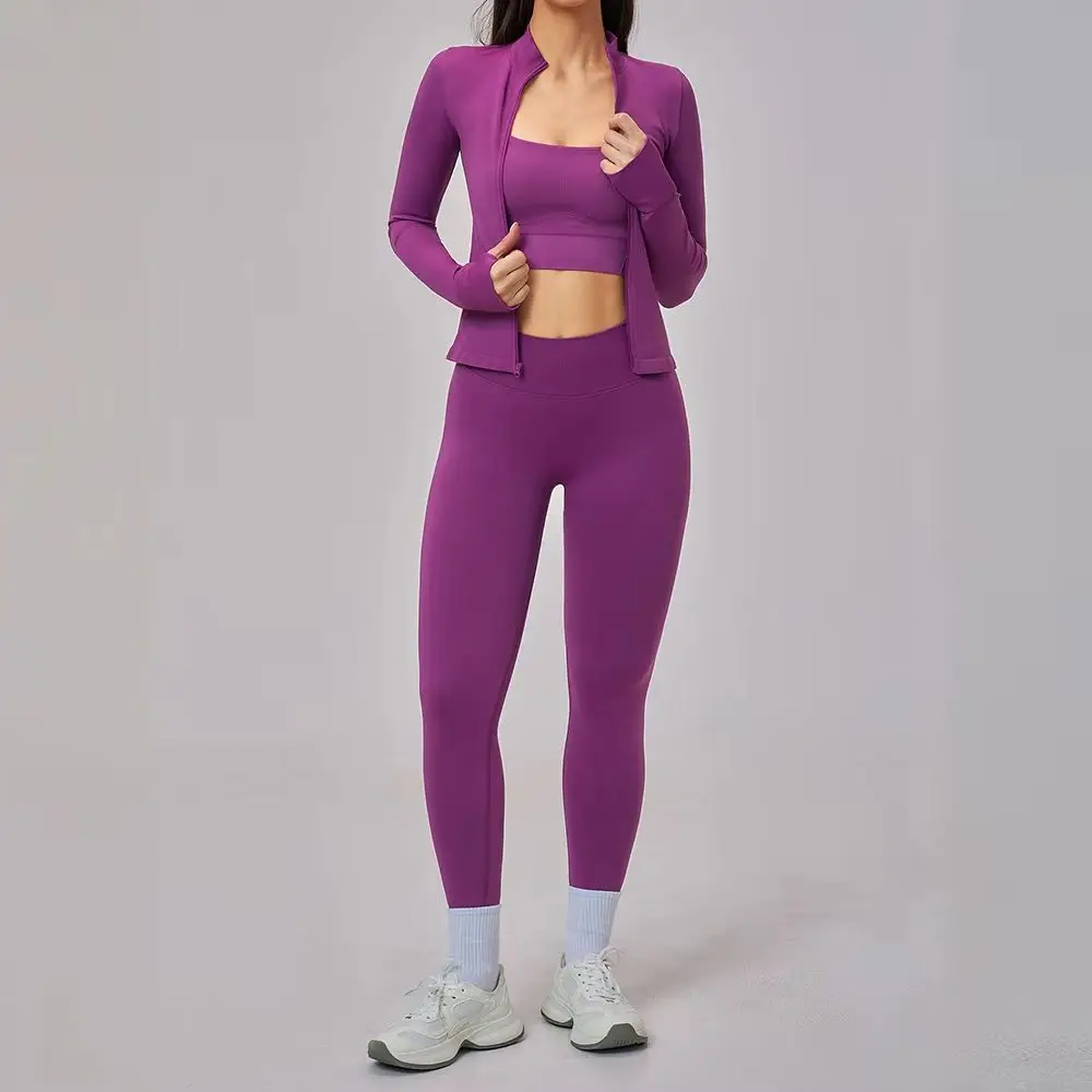 Seamless Yoga Set 3PCS Women Sportswear Workout Clothes Athletic Wear Gym Legging Fitness Bra Crop Top Long Sleeve Sports Suits