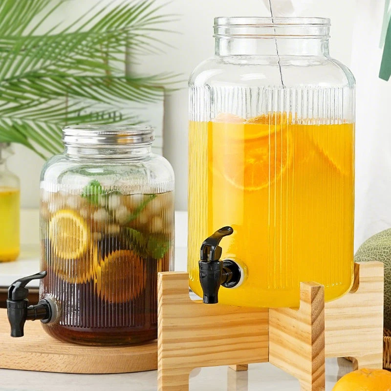 

Large Glass Jar Large Volume Vertical Ribbed Beverage Juice Dispenser with Faucet Buffet