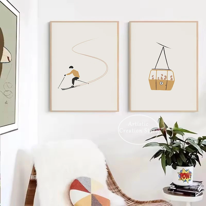 Vintage Watercolor Skiing Skier Artwork Winter Sports Minimalist Poster Canvas Painting Wall Art Pictures Home Interior Decor