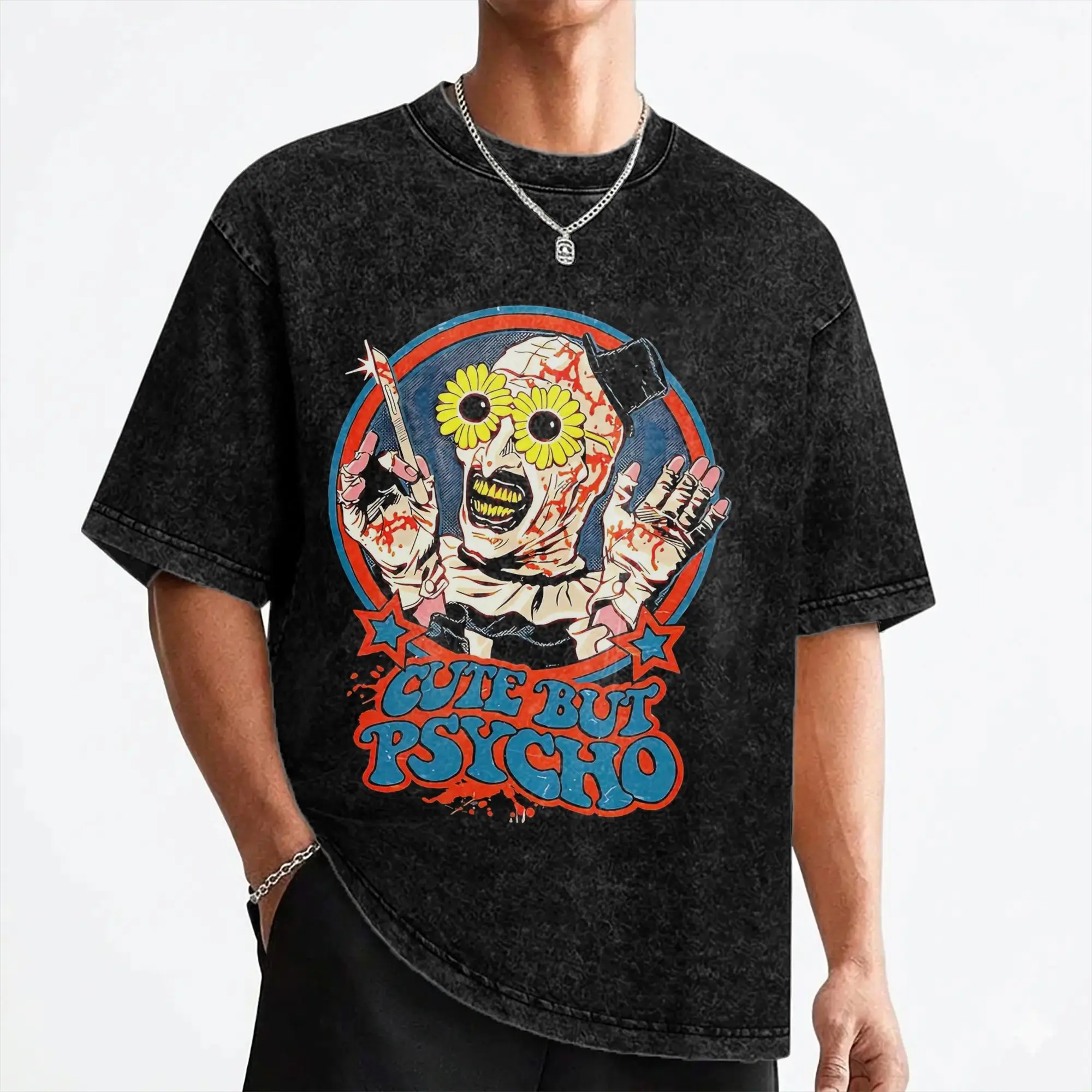 Cute but Psycho Terrifier T Shirts Washed Short Sleeve High Street T-Shirt Halloween Casual for Men Women Streetwear Summer Tees