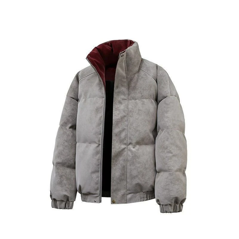 Men's American Style PU Leather Down Padded Jacket 2026 Winter Thick Contrast Color Stand Collar Cleanfit Couple Bread Coat