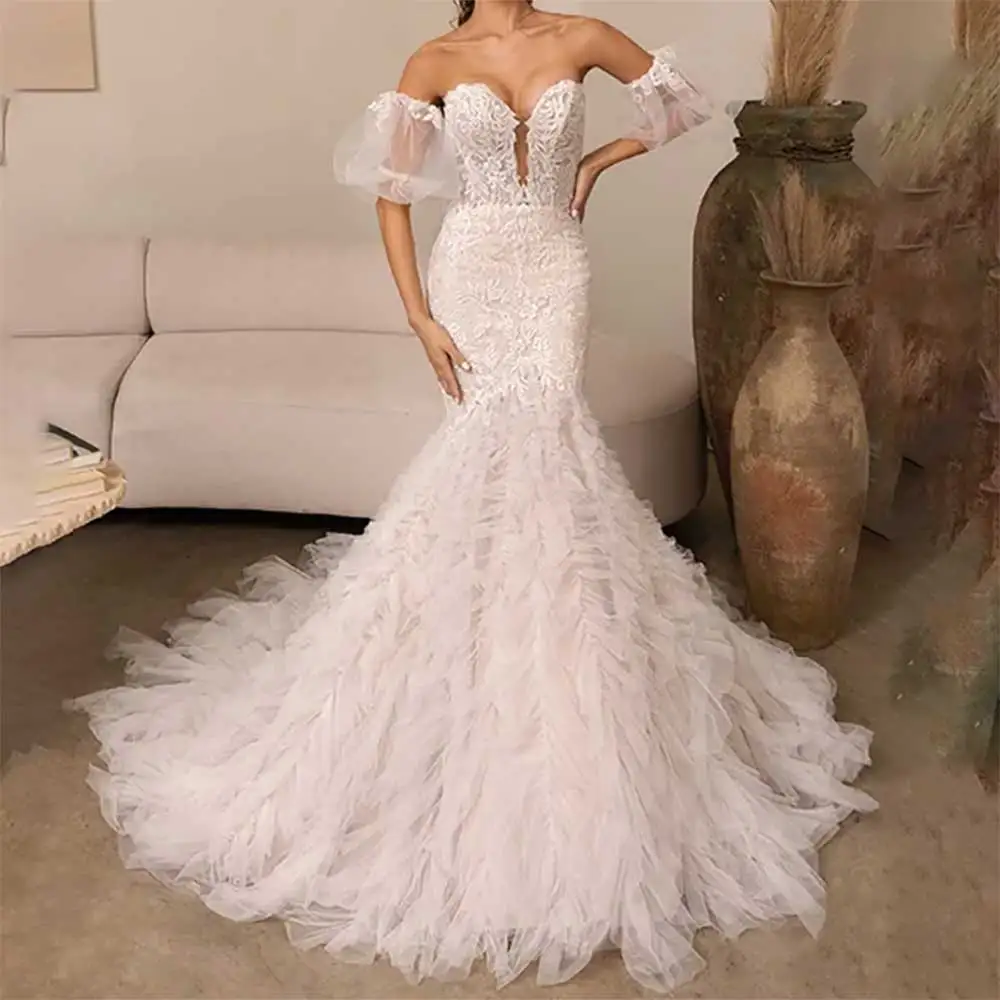 Sexy V-Neck Mermaid Wedding Dress with Lace Appliques and Spaghetti Straps - close-up view