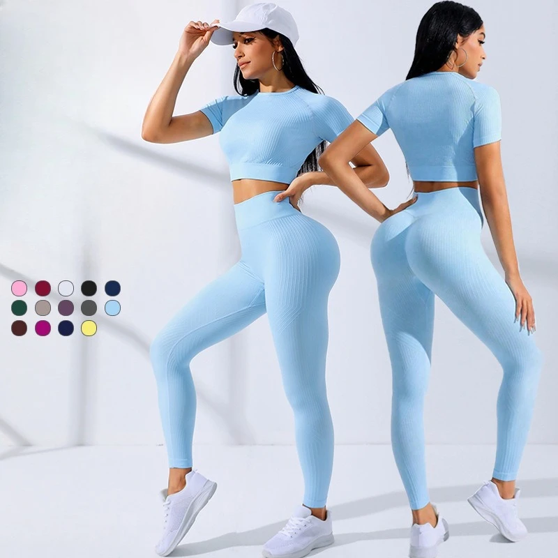 Greenora 2PCS Set Ribbed Seamless Yoga Women Gym Clothing Fitness High Waist Leggings Sport Crop Workout Outfits Streetwear 2026