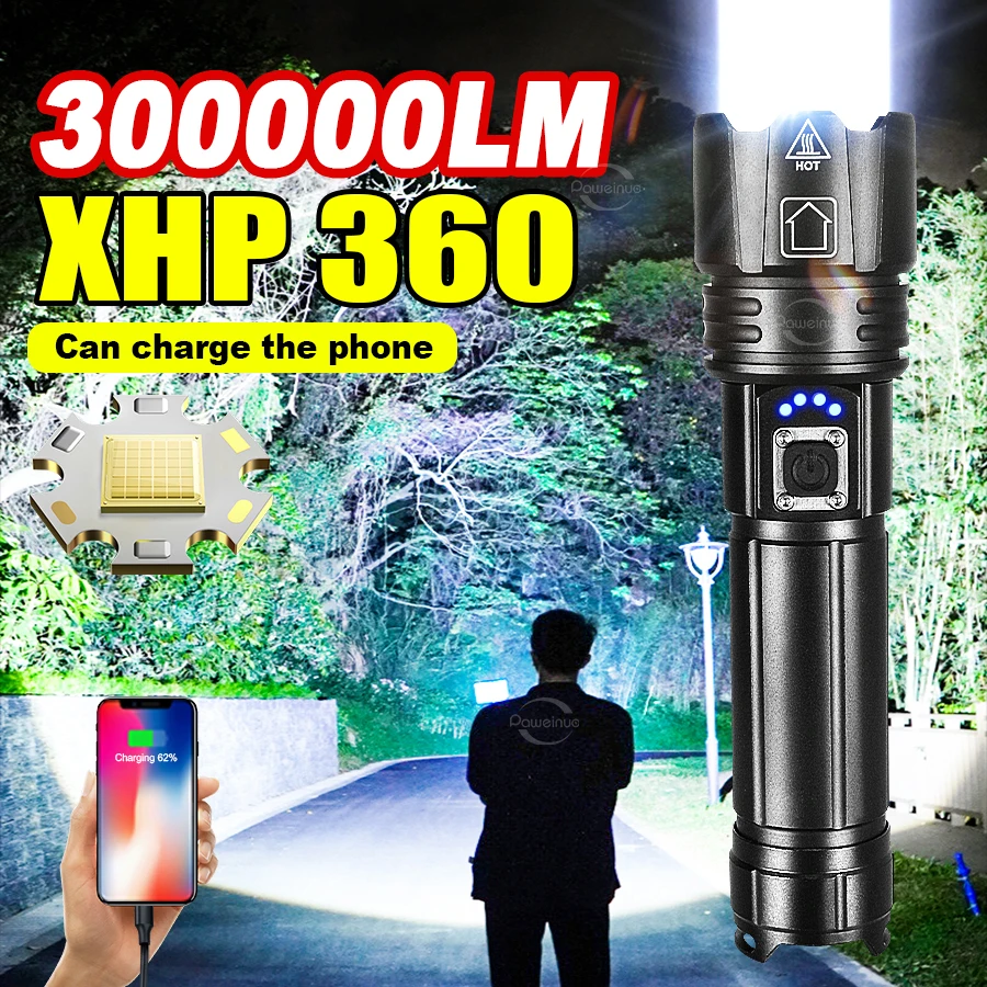 

High Power Led Flashlights 3000000Lumens Ultra Powerful Torch Lamp XHP360 Rechargeable Flashlight Strong Power Tactical Lantern