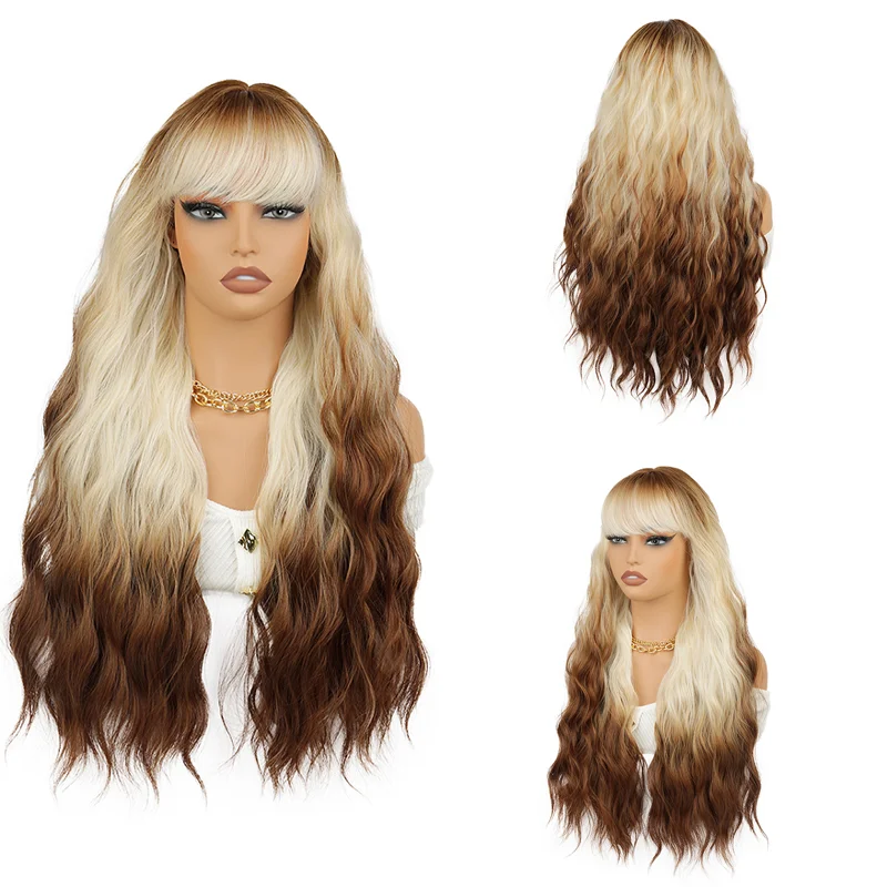 

Ombre Brown Blonde 26Inch Long Wavy Curly Wig with Bangs Heat Resistant Synthetic Natural Looking Wig For Women Daily Wear Party