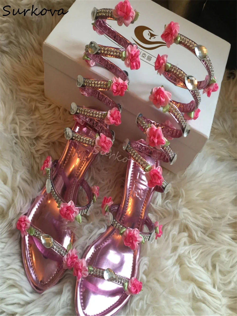 Winding Flower Knee-high Sandals Women Round Toe Stiletto Heel Rhinestone Gemstone Roman Sandals 2025 New Fashion Party Sandals