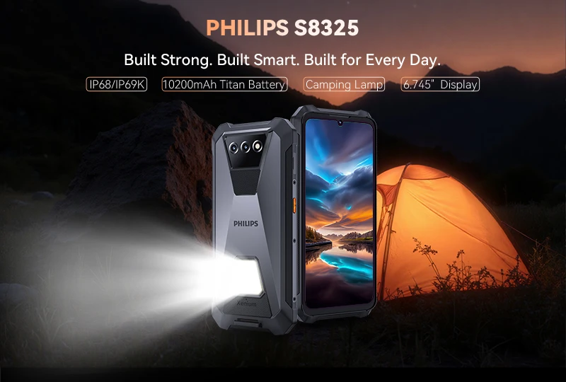 Rugged Smartphone PHILIPS S8325 IP68 Waterproof Android 16 Dual Sim 12(6+6)GB+256GB 10200mAh 6.745" 48MP NFC Camping Lamp Unlock