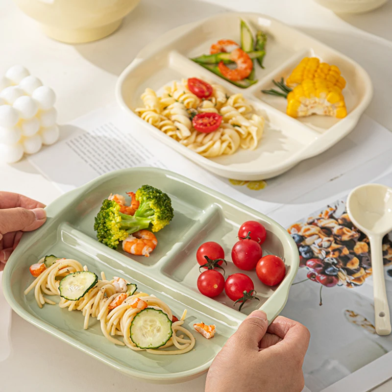 Ins Ceramic Divided Plates Household Fat Reducing Food Fistribution Dining Tray Solid Color Underglaze Color Breakfast Tableware