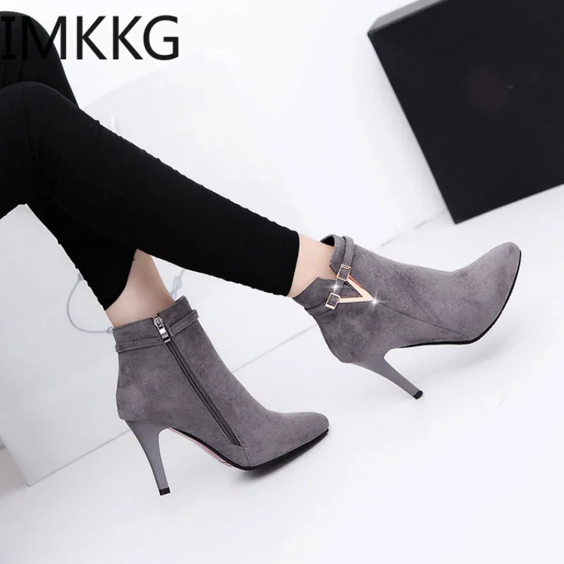 Botas Mujer Invierno 2021 Autumn Stiletto Thin High Heels Woman Pointed Toe Pu Leather Zipper Sexy Ankle Womens Boots A00339