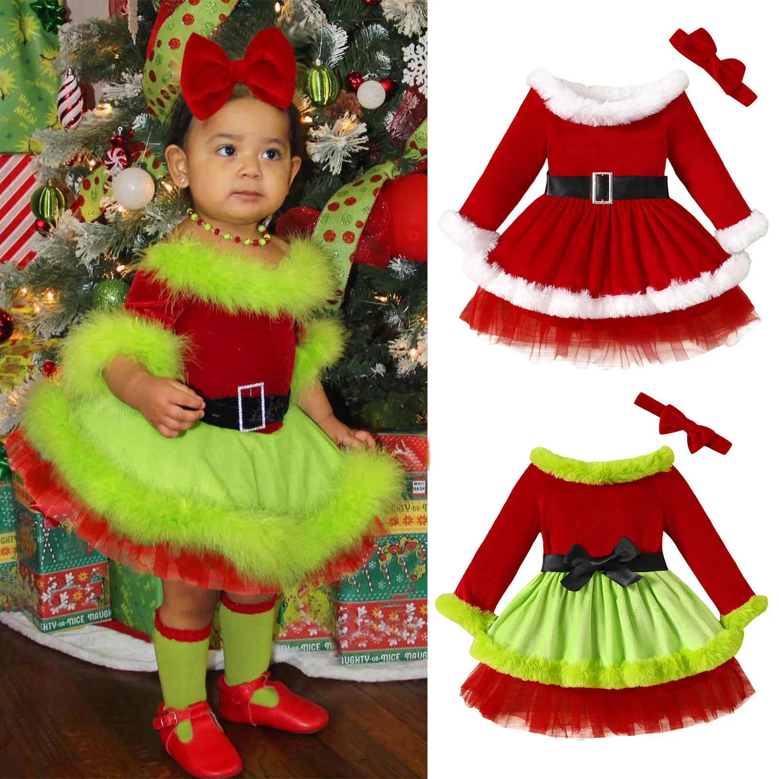 Kids Girls Christmas Dress Winter Long Sleeve Furry Patchwork Dress with Bowknot Headband for Cosplay Party Christmas Outfits