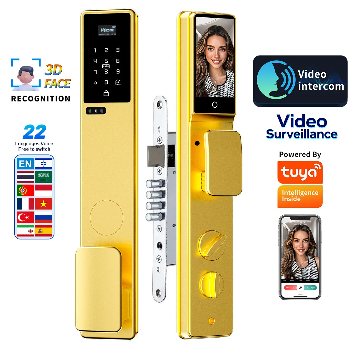 

HanDaily 3D Face Recognition Palm Smart Door Lock with Camera Video Talking Intercom Tuya Smart Locks with 6590 Israeli Mortise