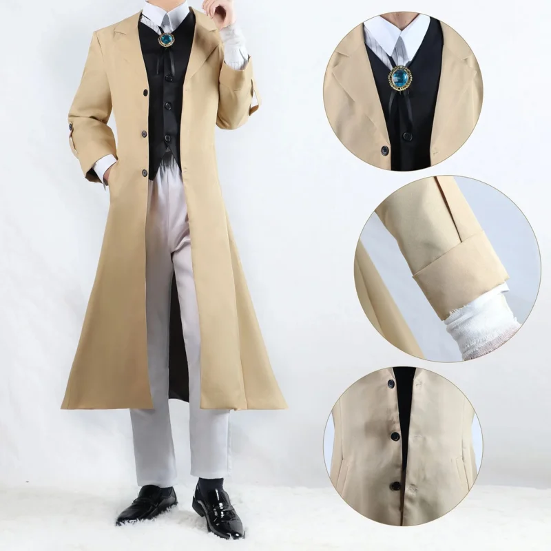 Anime Bungo Stray Dogs Dazai Osamu Costume Cosplay Giacca lunga Cappotto Trench Adesivo Fasciatura Abiti Uniforme Abiti di Halloween