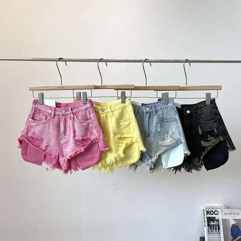 

Женские потертые джинсовые шорты High Street с грубыми краями и высокой талией, лето 2021, корейские широкие шорты с трапециевидным вырезом
