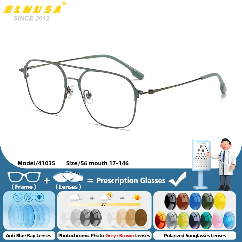 

BLMUSA New Square Aviator UV Protection Prescription Glasses Men Ultralight Anti Blue Light Photochromic Progressive Eyeglasses