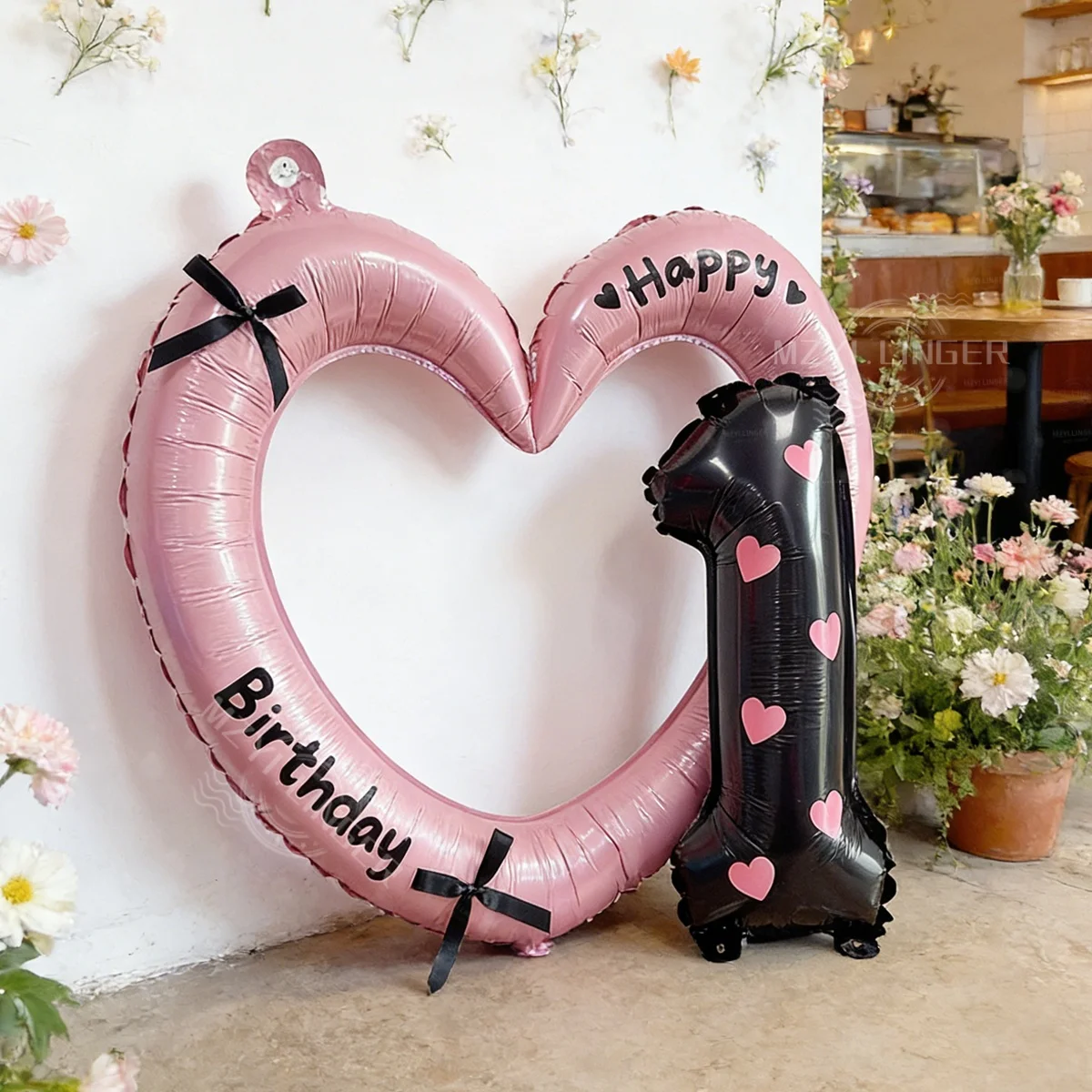 Rosa herzförmiges Ballon-Set mit Schleife, digitalen Ballonherzen und Geburtstagsaufklebern für Geburtstags- und Jubiläumsdekoration